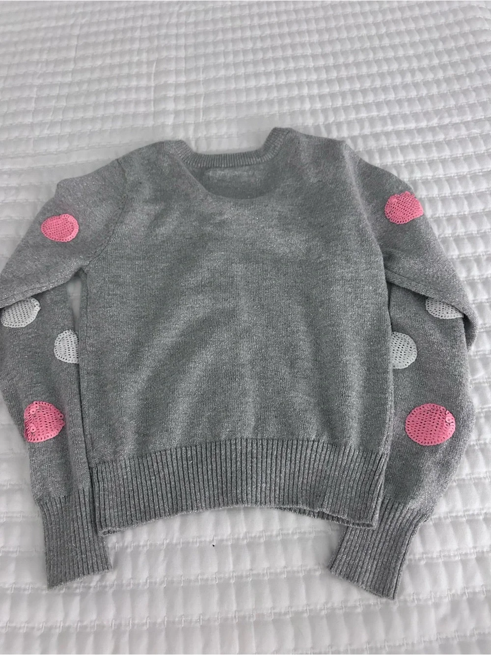Justice Gray Cardigan with Pink & White Sequin Polka Dots. Size 7